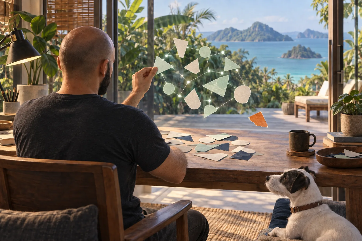 Illustration: Alex and his dog at a Phuket desk arrange ideas into a connected map