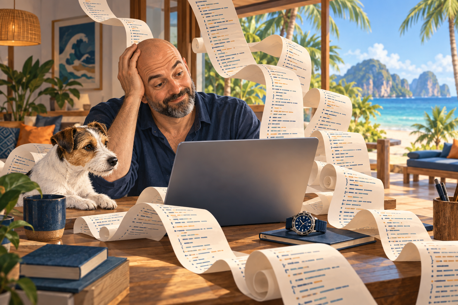 Illustration: Alex, his dog, a dive watch and endless instruction scrolls in a tropical home