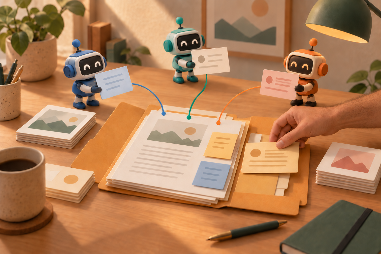Three little robots share note cards while a person sorts documents into a shared folder.