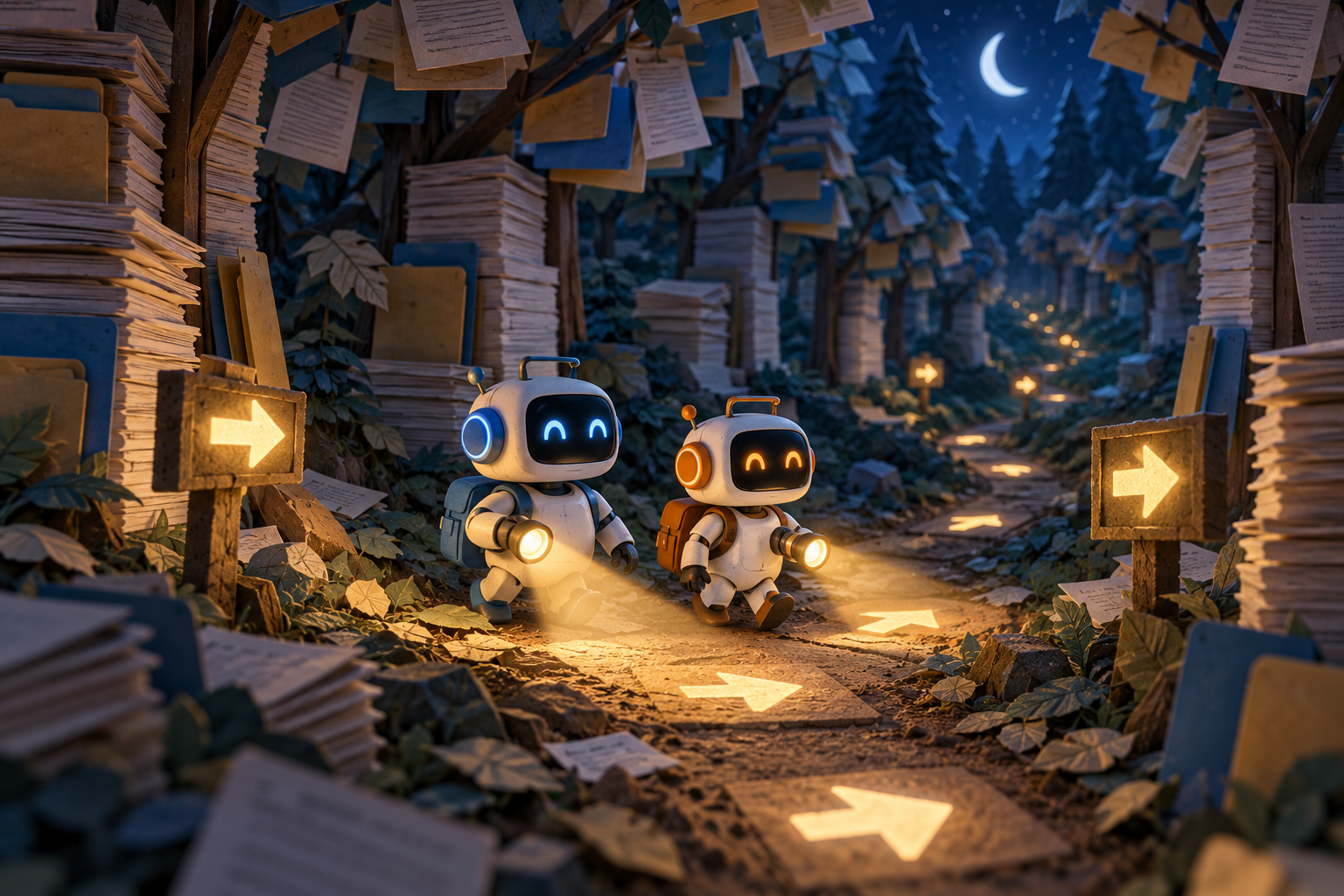 Two small robots with flashlights follow glowing arrows through a nighttime forest of documents.