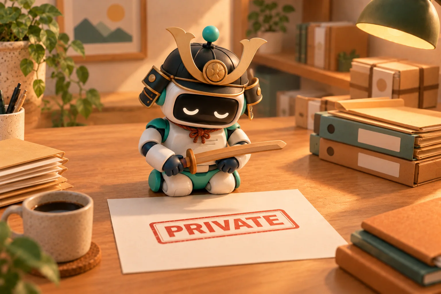 A small robot in a samurai helmet holds a wooden sword above a document stamped PRIVATE